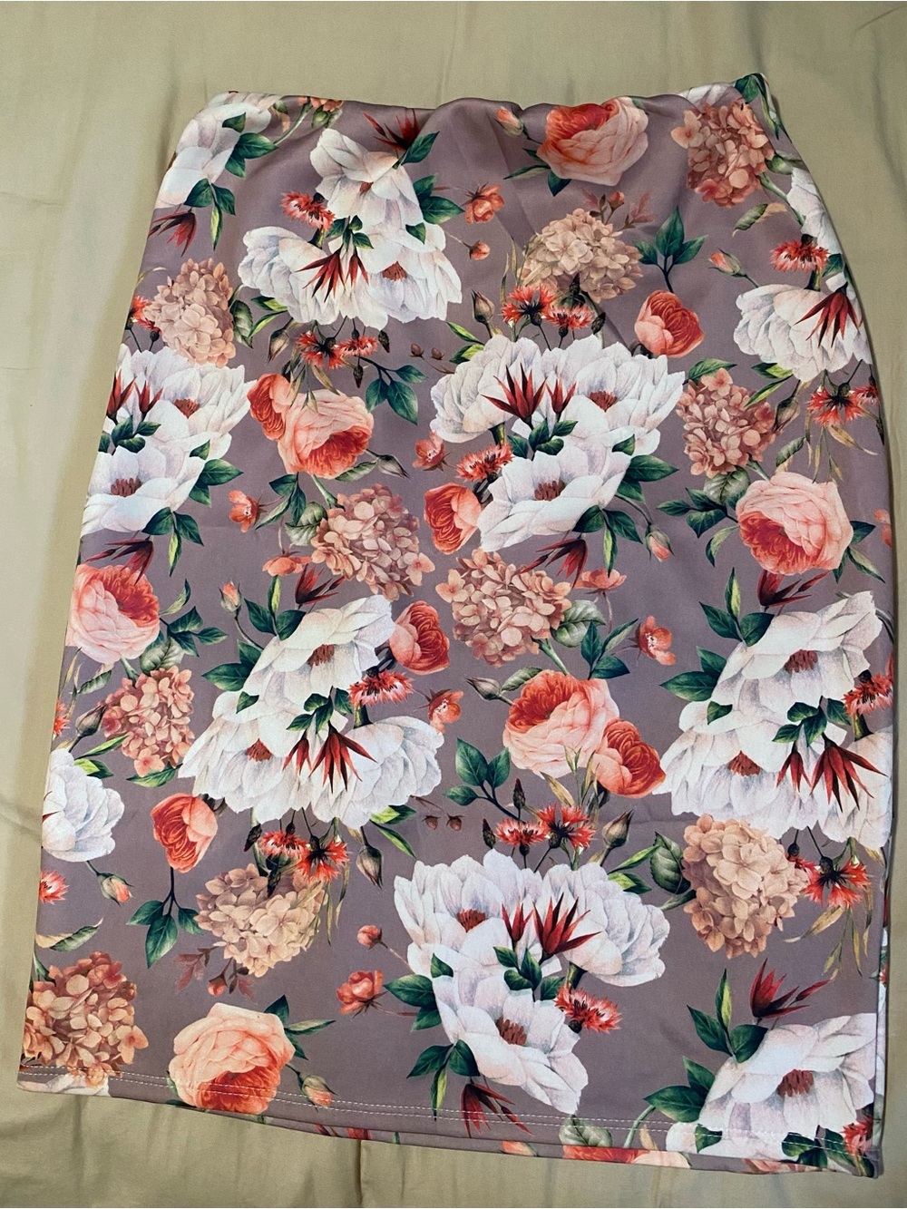 Dice Floral Pencil Skirt in Mauve with White & Coral Blooms  sz xl